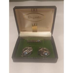 Vintage "Elegante" Cufflinks Tie Bar Set Gold Tone Blue Stone Made in USA Box